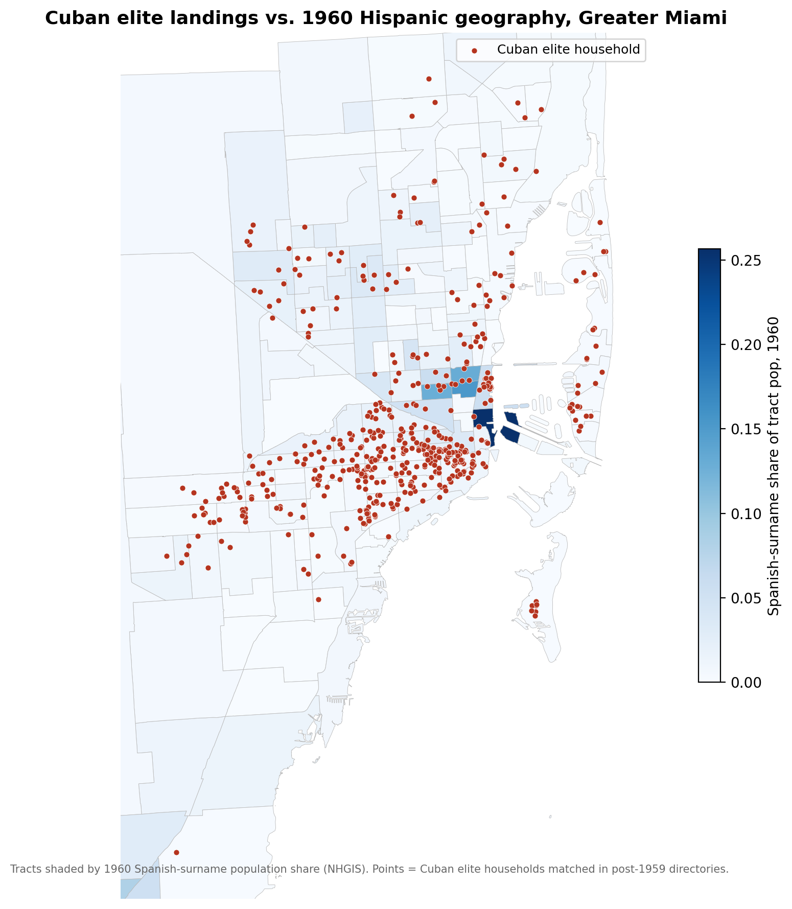 Cuban elite households in Greater Miami against the 1960 Hispanic share of each census tract